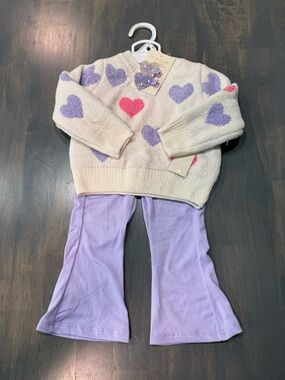 Cream Heart Sweater with Lavender Hearts + Lavender Flare Pants -NWT- 12 months